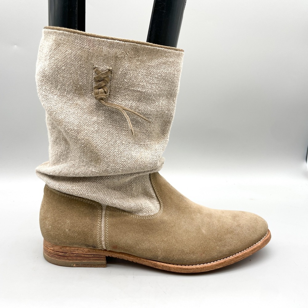 n.d.c. Womens 40 Made by Hand Slouch Boots Tan Suede Canvas Boho Western Coastal